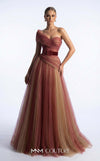 MNM Couture F03008 ombré pleated tulle A-line ballgown with ruched one-shoulder bodice, asymmetric sweetheart neckline, and contrast wine belt | Couture Shop LA.