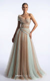 MNM Couture F03008 ombré pleated tulle A-line ballgown with ruched one-shoulder bodice, asymmetric sweetheart neckline, and contrast wine belt | Couture Shop LA.