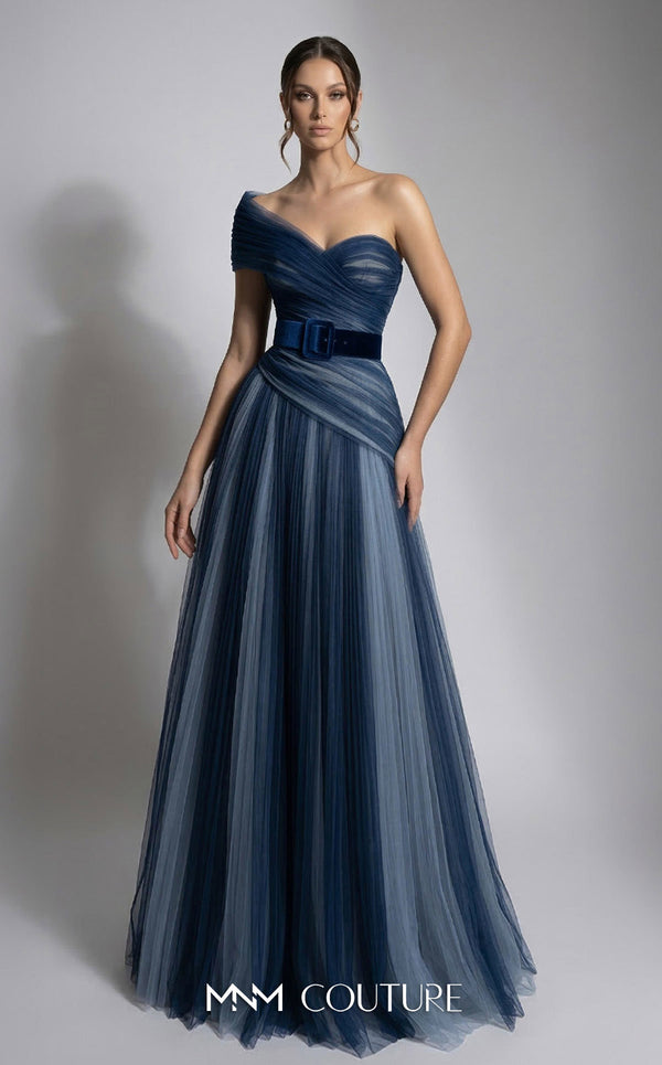 MNM Couture F03008 ombré pleated tulle A-line ballgown with ruched one-shoulder bodice, asymmetric sweetheart neckline, and contrast wine belt | Couture Shop LA.