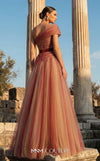 MNM Couture F03008 ombré pleated tulle A-line ballgown with ruched one-shoulder bodice, asymmetric sweetheart neckline, and contrast wine belt | Couture Shop LA.