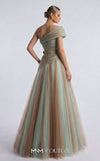 MNM Couture F03008 ombré pleated tulle A-line ballgown with ruched one-shoulder bodice, asymmetric sweetheart neckline, and contrast wine belt | Couture Shop LA.