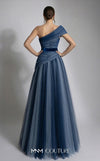 MNM Couture F03008 ombré pleated tulle A-line ballgown with ruched one-shoulder bodice, asymmetric sweetheart neckline, and contrast wine belt | Couture Shop LA.