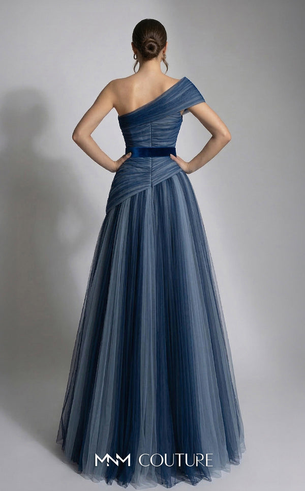 MNM Couture F03008 ombré pleated tulle A-line ballgown with ruched one-shoulder bodice, asymmetric sweetheart neckline, and contrast wine belt | Couture Shop LA.