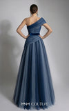 MNM Couture F03008 ombré pleated tulle A-line ballgown with ruched one-shoulder bodice, asymmetric sweetheart neckline, and contrast wine belt | Couture Shop LA.