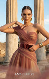 MNM Couture F03008 ombré pleated tulle A-line ballgown with ruched one-shoulder bodice, asymmetric sweetheart neckline, and contrast wine belt | Couture Shop LA.