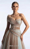 MNM Couture F03008 ombré pleated tulle A-line ballgown with ruched one-shoulder bodice, asymmetric sweetheart neckline, and contrast wine belt | Couture Shop LA.