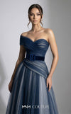 MNM Couture F03008 ombré pleated tulle A-line ballgown with ruched one-shoulder bodice, asymmetric sweetheart neckline, and contrast wine belt | Couture Shop LA.