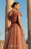 MNM Couture F03008 ombré pleated tulle A-line ballgown with ruched one-shoulder bodice, asymmetric sweetheart neckline, and contrast wine belt | Couture Shop LA.