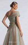 MNM Couture F03008 ombré pleated tulle A-line ballgown with ruched one-shoulder bodice, asymmetric sweetheart neckline, and contrast wine belt | Couture Shop LA.