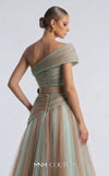 MNM Couture F03008 ombré pleated tulle A-line ballgown with ruched one-shoulder bodice, asymmetric sweetheart neckline, and contrast wine belt | Couture Shop LA.