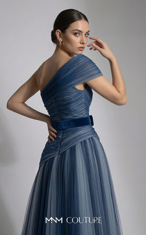 MNM Couture F03008 ombré pleated tulle A-line ballgown with ruched one-shoulder bodice, asymmetric sweetheart neckline, and contrast wine belt | Couture Shop LA.