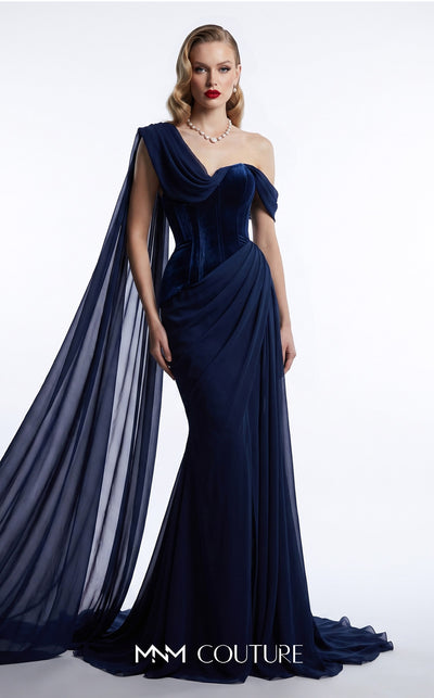 MNM Couture F03017A velvet corset mermaid gown with sweetheart neckline, left velvet strap, right-shoulder floor-length chiffon cape, and Grecian toga chiffon overskirt | Couture Shop LA