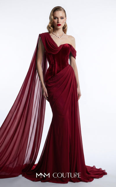 MNM Couture F03017A velvet corset mermaid gown with sweetheart neckline, left velvet strap, right-shoulder floor-length chiffon cape, and Grecian toga chiffon overskirt | Couture Shop LA