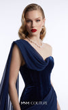 MNM Couture F03017A velvet corset mermaid gown with sweetheart neckline, left velvet strap, right-shoulder floor-length chiffon cape, and Grecian toga chiffon overskirt | Couture Shop LA