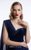 MNM Couture F03017A velvet corset mermaid gown with sweetheart neckline, left velvet strap, right-shoulder floor-length chiffon cape, and Grecian toga chiffon overskirt | Couture Shop LA