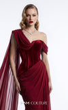 MNM Couture F03017A velvet corset mermaid gown with sweetheart neckline, left velvet strap, right-shoulder floor-length chiffon cape, and Grecian toga chiffon overskirt | Couture Shop LA