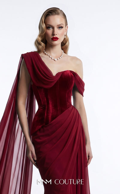 MNM Couture F03017A velvet corset mermaid gown with sweetheart neckline, left velvet strap, right-shoulder floor-length chiffon cape, and Grecian toga chiffon overskirt | Couture Shop LA