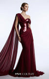 MNM Couture F03017 one-shoulder sequin and chiffon mermaid gown with structured sweetheart bodice and draped asymmetric side train | Couture Shop LA.