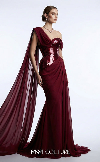 MNM Couture F03017 one-shoulder sequin and chiffon mermaid gown with structured sweetheart bodice and draped asymmetric side train | Couture Shop LA.