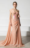 MNM Couture F03017 one-shoulder sequin and chiffon mermaid gown with structured sweetheart bodice and draped asymmetric side train | Couture Shop LA.
