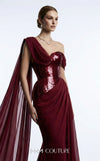 MNM Couture F03017 one-shoulder sequin and chiffon mermaid gown with structured sweetheart bodice and draped asymmetric side train | Couture Shop LA.