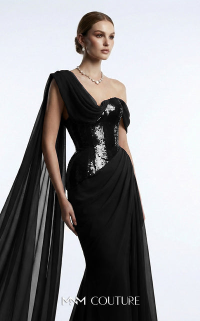 MNM Couture F03017 one-shoulder sequin and chiffon mermaid gown with structured sweetheart bodice and draped asymmetric side train | Couture Shop LA.