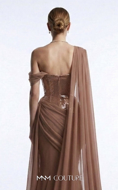 MNM Couture F03017 one-shoulder sequin and chiffon mermaid gown with structured sweetheart bodice and draped asymmetric side train | Couture Shop LA.