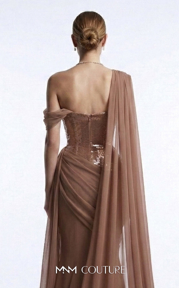 MNM Couture F03017 one-shoulder sequin and chiffon mermaid gown with structured sweetheart bodice and draped asymmetric side train | Couture Shop LA.