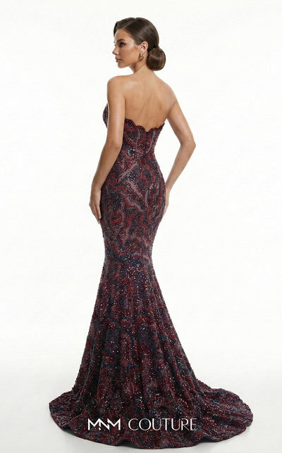 Fully beaded strapless bespoke evening wear with wavy neckline MNM Couture F03018