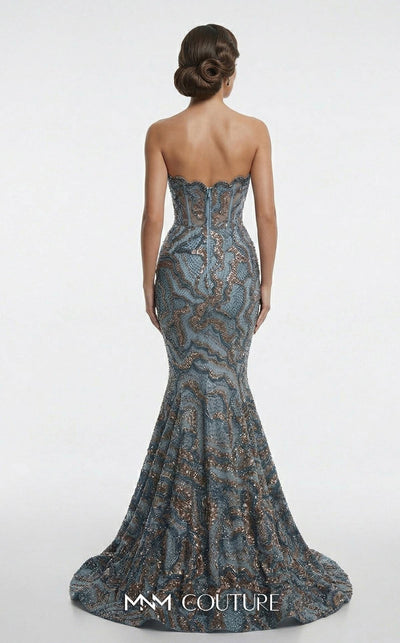 Fully beaded strapless bespoke evening wear with wavy neckline MNM Couture F03018