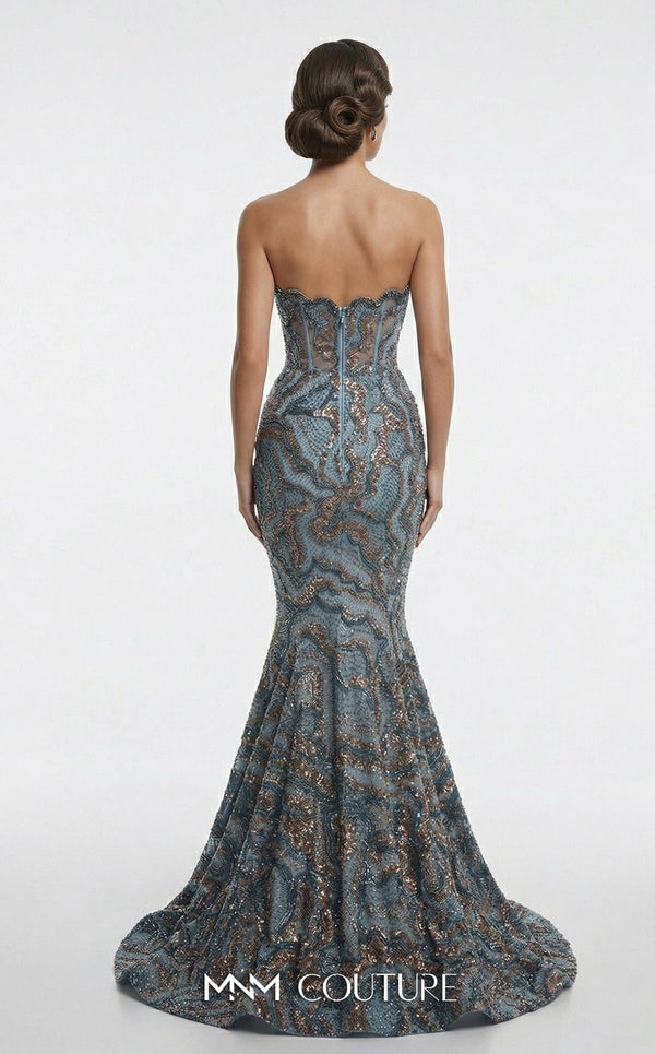 Fully beaded strapless bespoke evening wear with wavy neckline MNM Couture F03018