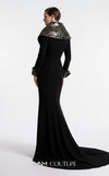 MNM Couture F03019 crepe and sequin mermaid gown with V-neckline, long sleeves, oversized lapel collar, contrasting cuffs, and train | Couture Shop LA.