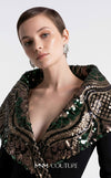MNM Couture F03019 crepe and sequin mermaid gown with V-neckline, long sleeves, oversized lapel collar, contrasting cuffs, and train | Couture Shop LA.