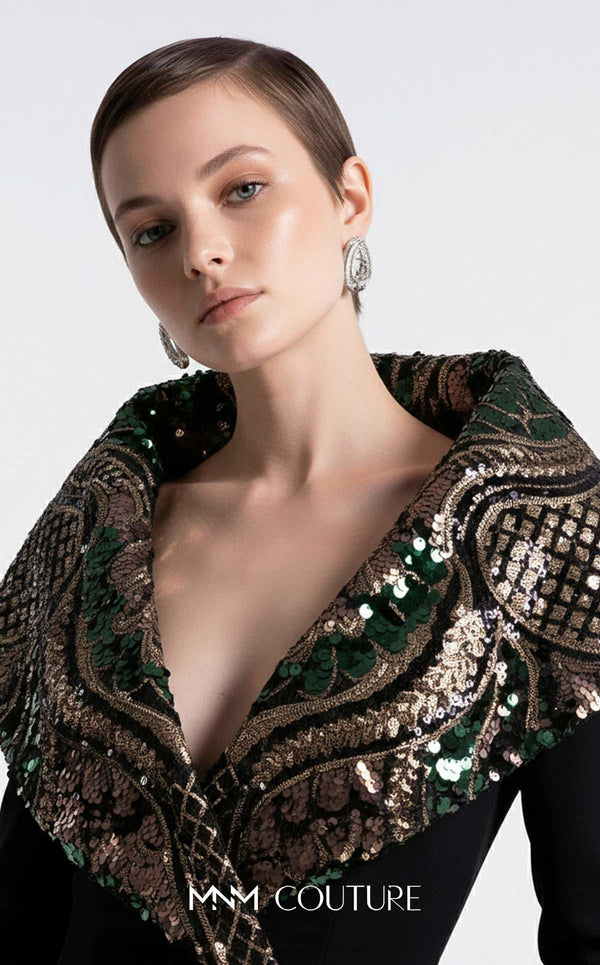 MNM Couture F03019 crepe and sequin mermaid gown with V-neckline, long sleeves, oversized lapel collar, contrasting cuffs, and train | Couture Shop LA.