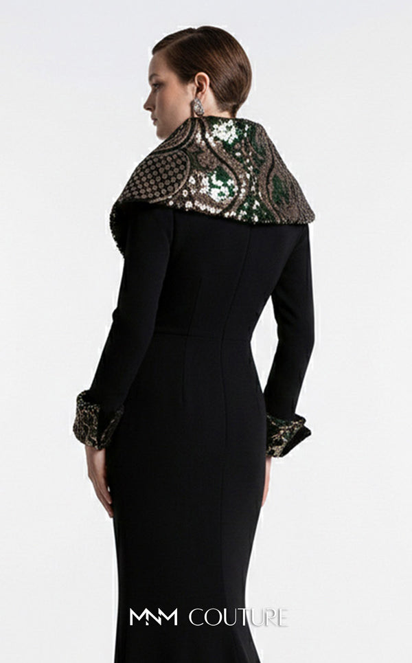 MNM Couture F03019 crepe and sequin mermaid gown with V-neckline, long sleeves, oversized lapel collar, contrasting cuffs, and train | Couture Shop LA.