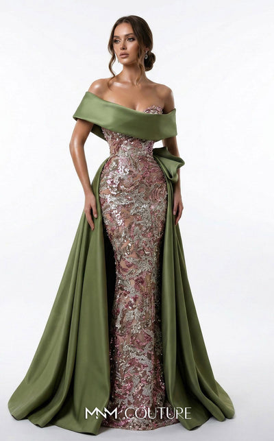 Olive sequin bespoke evening wear with satin double skirt MNM Couture F03024