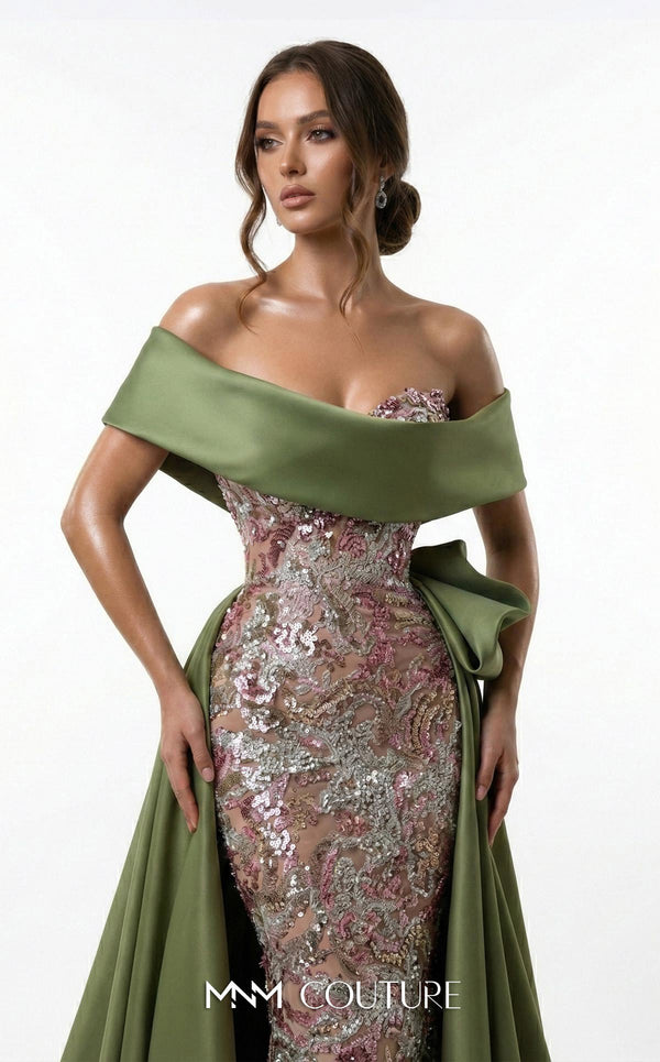 Olive sequin bespoke evening wear with satin double skirt MNM Couture F03024