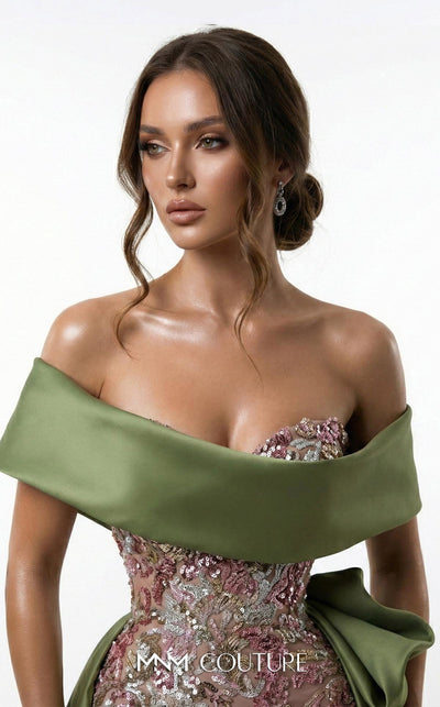 Olive sequin bespoke evening wear with satin double skirt MNM Couture F03024