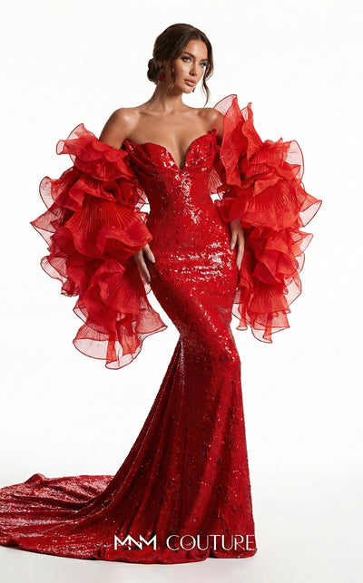 MNM Couture F03029 red sequin sweetheart mermaid gown with removable oversized tiered organza off-shoulder ruffle sleeves, open upper back, and sweeping sequin train | Couture Shop LA