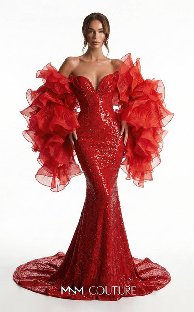 MNM Couture F03029 red sequin sweetheart mermaid gown with removable oversized tiered organza off-shoulder ruffle sleeves, open upper back, and sweeping sequin train | Couture Shop LA