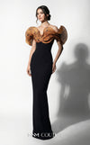 MNM Couture F03033 strapless crepe column gown with sweetheart neckline, pleated organza ruffle bustline, and back slit | Couture Shop LA.