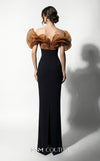 MNM Couture F03033 strapless crepe column gown with sweetheart neckline, pleated organza ruffle bustline, and back slit | Couture Shop LA.