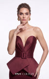 MNM Couture F03035A strapless crepe and satin mermaid gown with surplice sweetheart neckline, self-covered belt, angular peplum, and handkerchief double-tiered tail | Couture Shop LA.