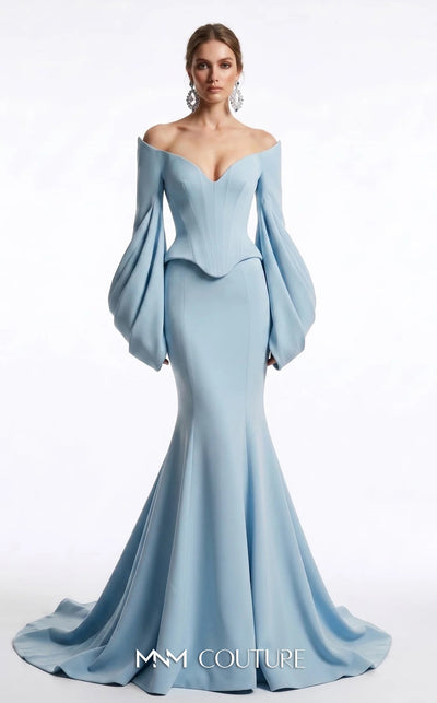 MNM Couture F03036 off-shoulder corseted crepe mermaid gown with sweetheart neckline, draped bubble sleeves, and curved hem | Couture Shop LA.
