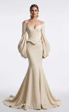 MNM Couture F03036 off-shoulder corseted crepe mermaid gown with sweetheart neckline, draped bubble sleeves, and curved hem | Couture Shop LA.