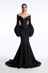 MNM Couture F03036 off-shoulder corseted crepe mermaid gown with sweetheart neckline, draped bubble sleeves, and curved hem | Couture Shop LA.
