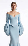 MNM Couture F03036 off-shoulder corseted crepe mermaid gown with sweetheart neckline, draped bubble sleeves, and curved hem | Couture Shop LA.