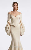 MNM Couture F03036 off-shoulder corseted crepe mermaid gown with sweetheart neckline, draped bubble sleeves, and curved hem | Couture Shop LA.