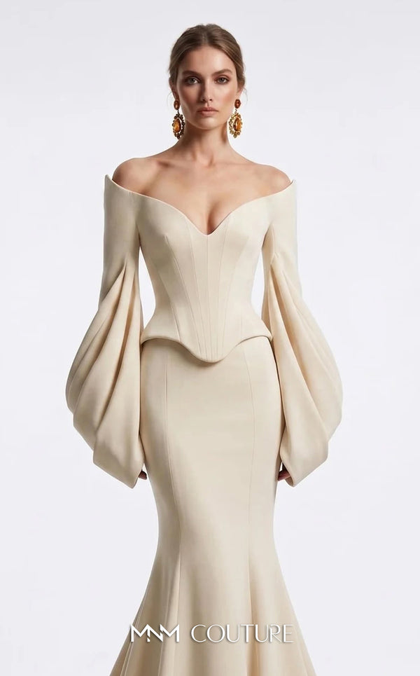 MNM Couture F03036 off-shoulder corseted crepe mermaid gown with sweetheart neckline, draped bubble sleeves, and curved hem | Couture Shop LA.