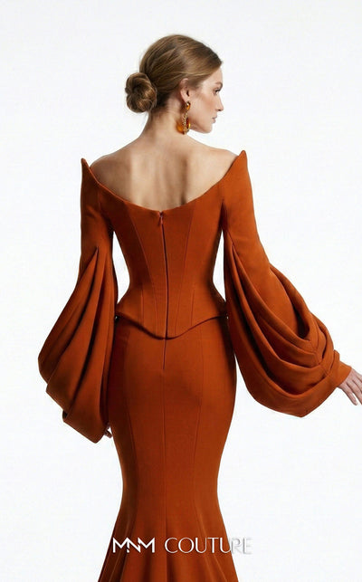 MNM Couture F03036 off-shoulder corseted crepe mermaid gown with sweetheart neckline, draped bubble sleeves, and curved hem | Couture Shop LA.